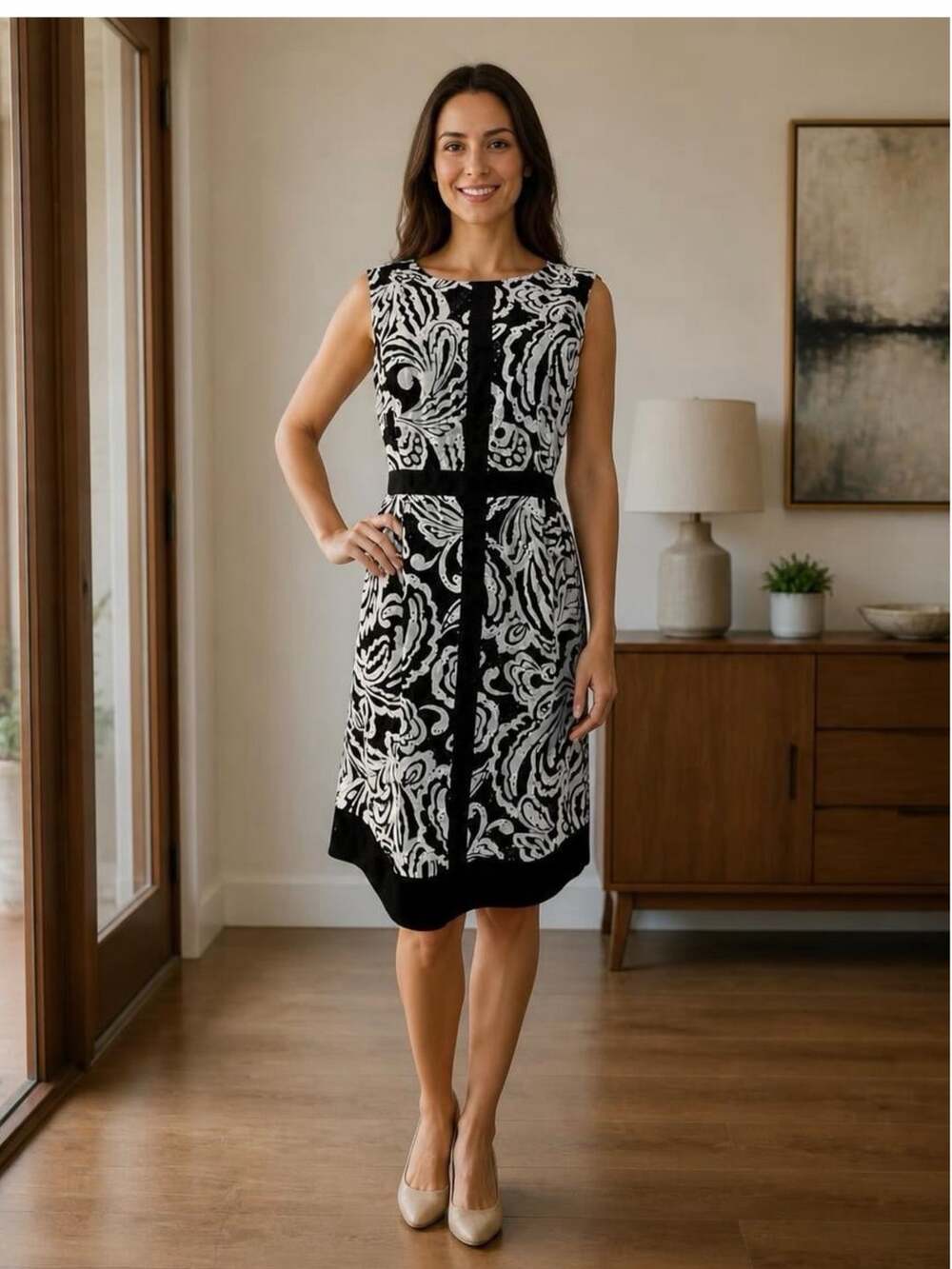 Anthropologie Tabitha Black and White Floral Eyelet Cotton Sheath Dress Size 10